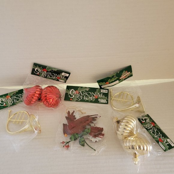 6 Hobby Lobby Christmas Season Shop Tree ornaments Gold Trumpet Red Cardinal Lot - Picture 1 of 11